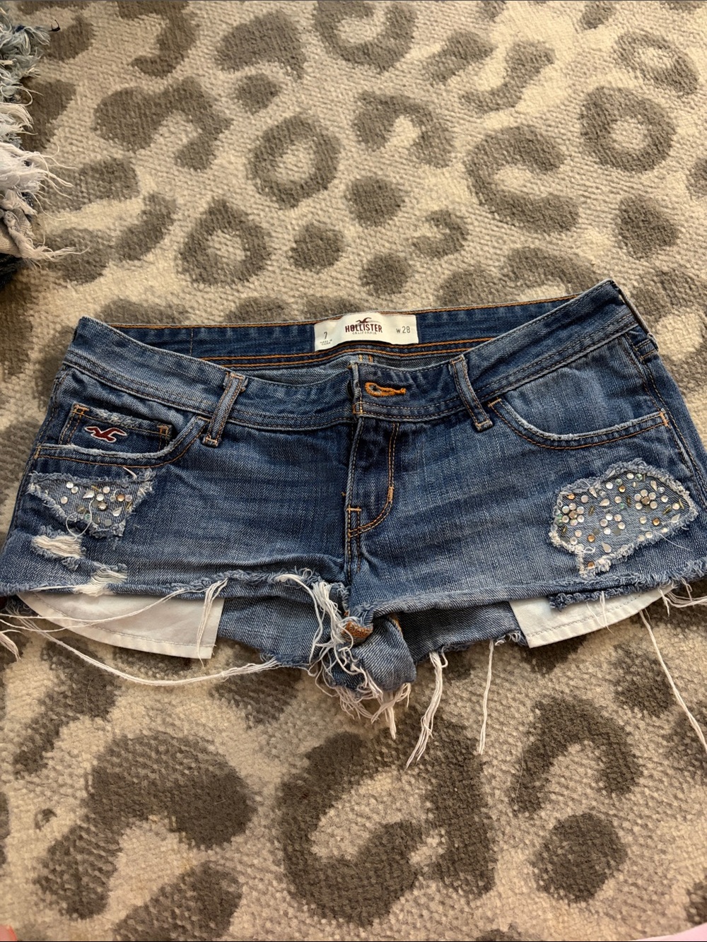Hollister Women's Dark Blue Distressed Denim Cutoff Shorts with Rhinestones